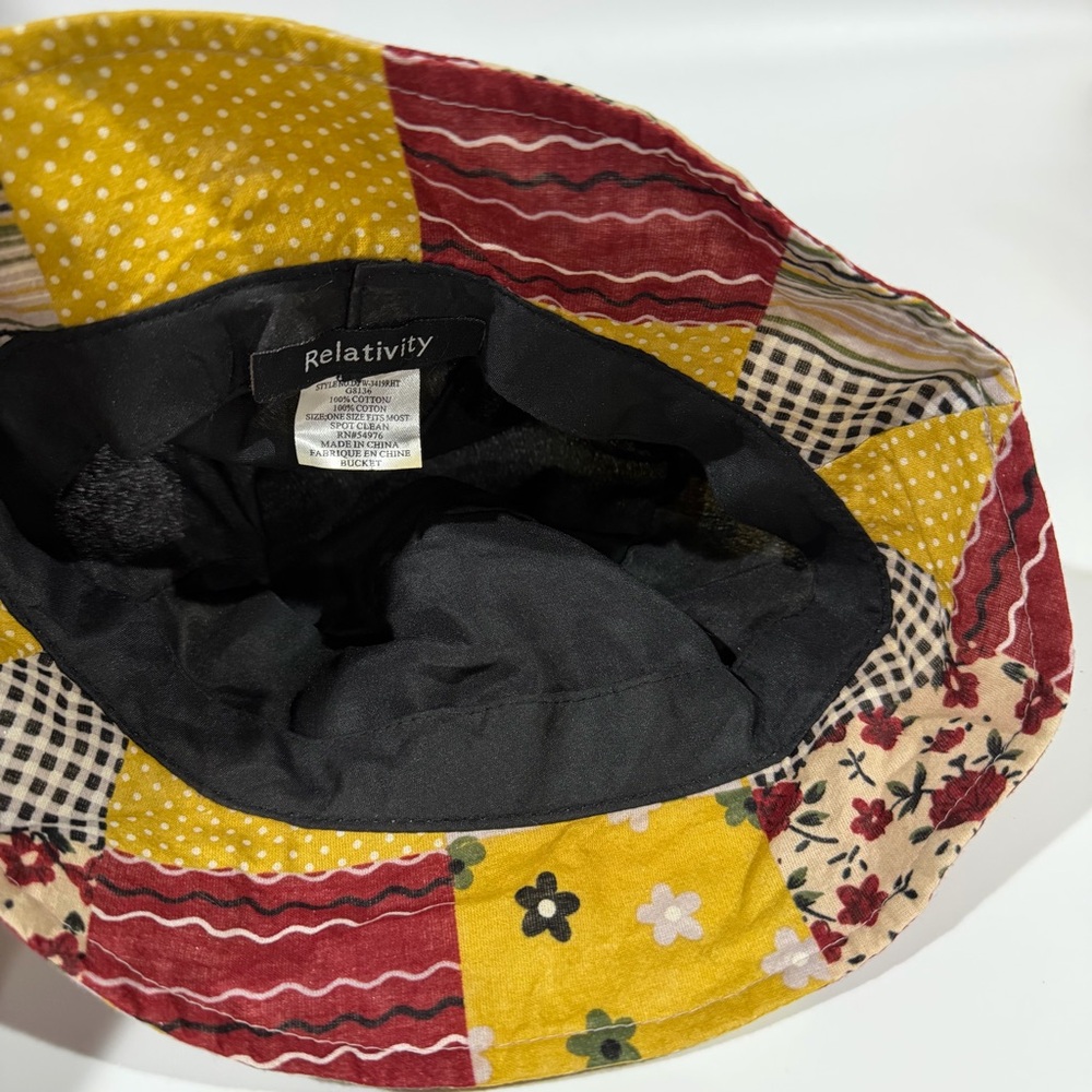 Y2K Vintage Twee Yellow Burgundy Red Patchwork Design Hipster Floral Bucket Hat - Picture 4 of 4